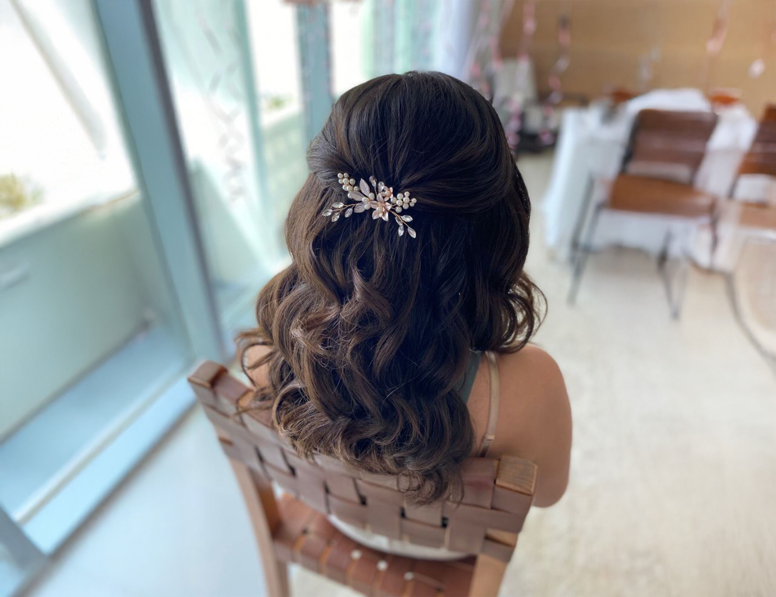 Chic short hair updo with white outfit for pre-wedding celebration